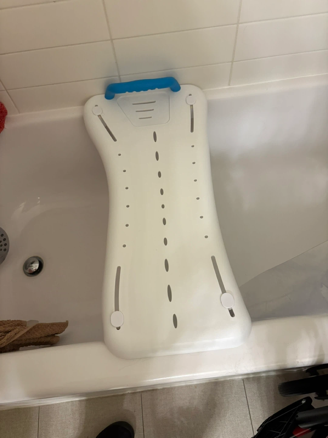White Bath Transfer Bench Seat with Blue Handle