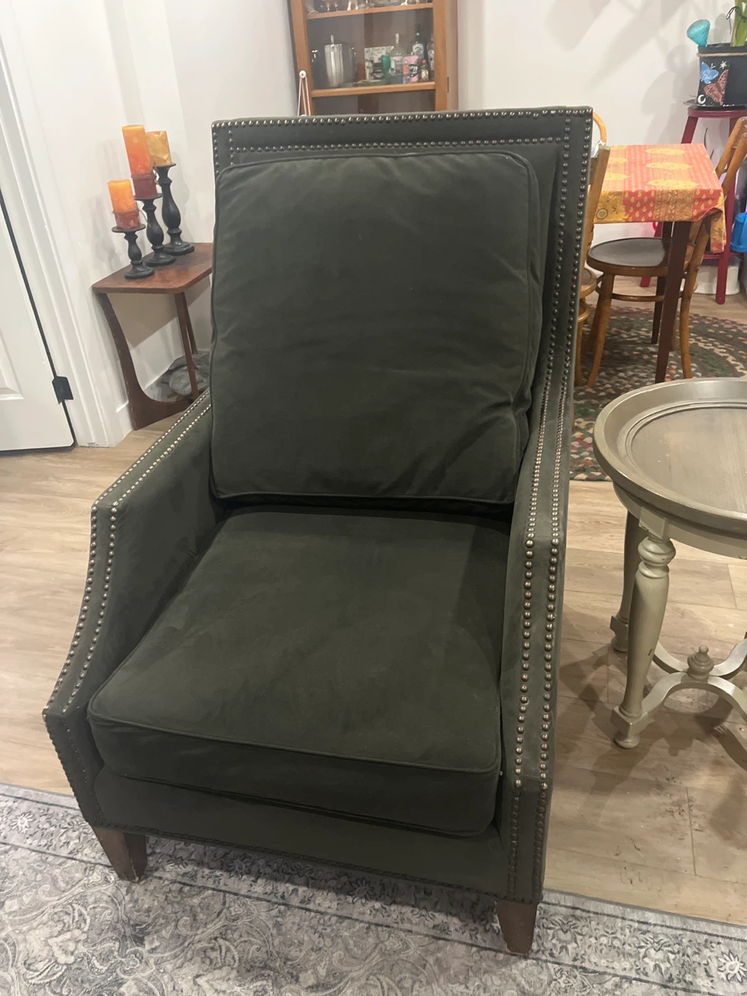 Dark Green / Grey Upholstered Armchair with Stud Details - photo 2