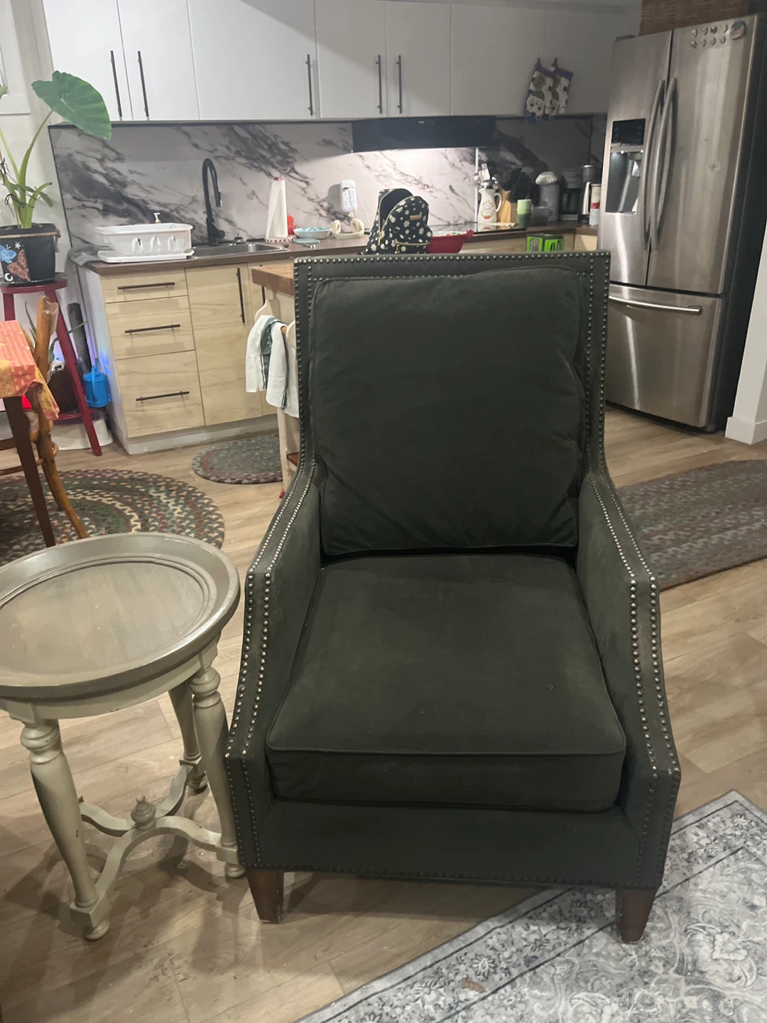 Dark Green / Grey Upholstered Armchair with Stud Details