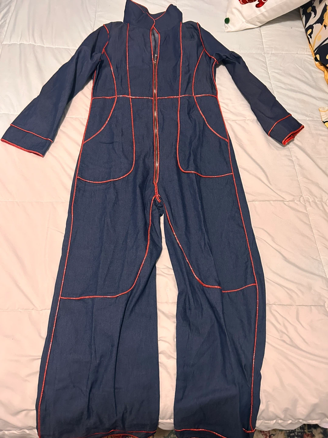 Blue Denim Jumpsuit with Red Stitching - photo 2