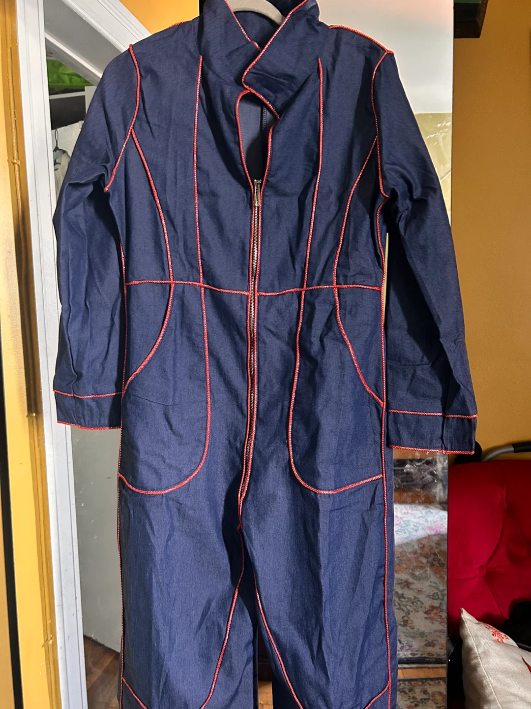Blue Denim Jumpsuit with Red Stitching