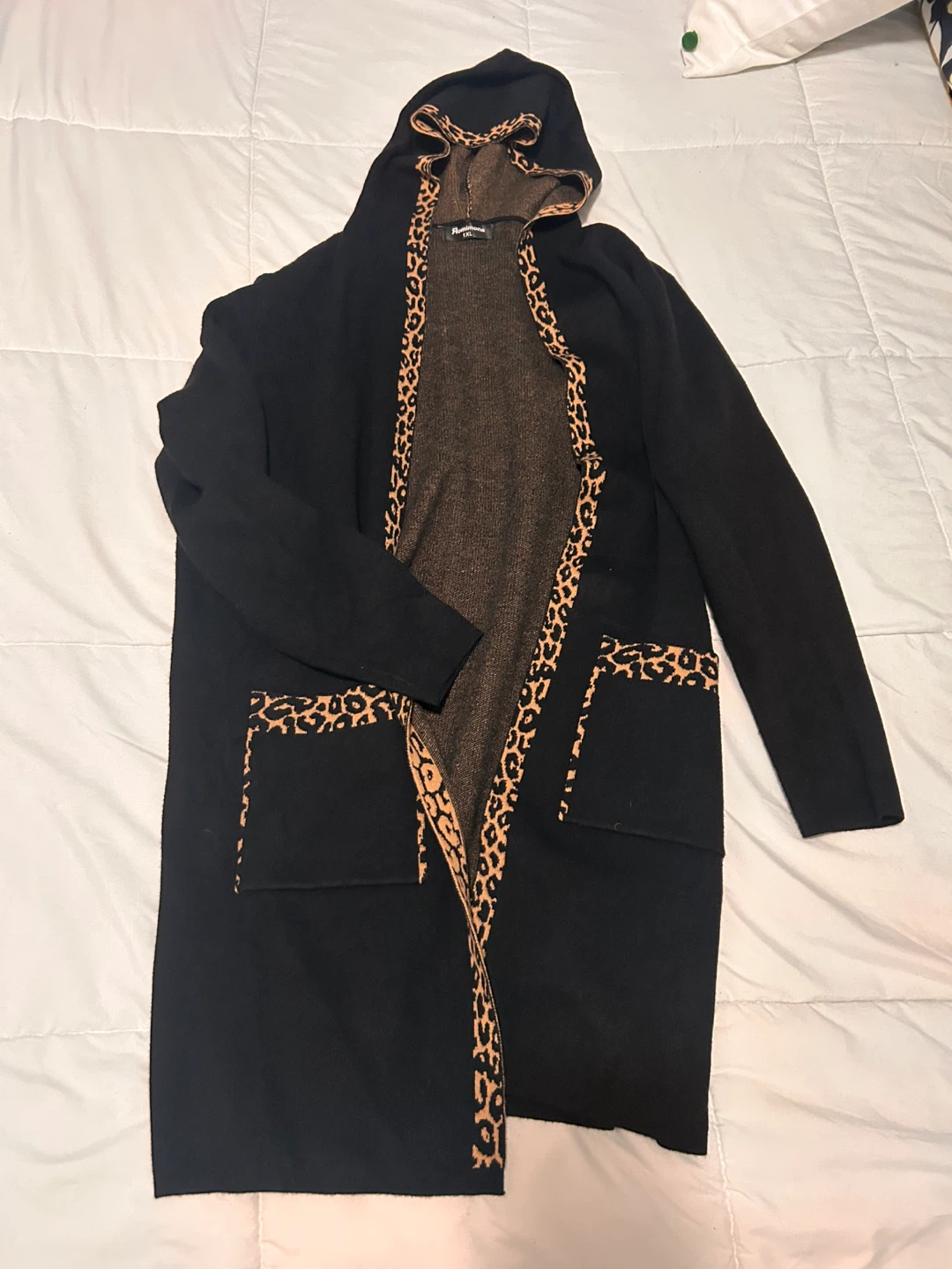 Black Kimono Cardigan with Leopard Print Trim - Size L