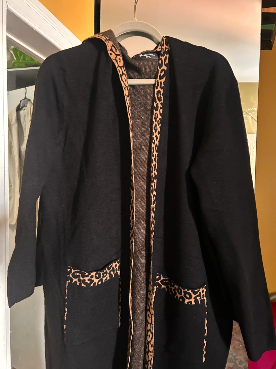 Black Kimono Cardigan with Leopard Print Trim - Size L - photo 2
