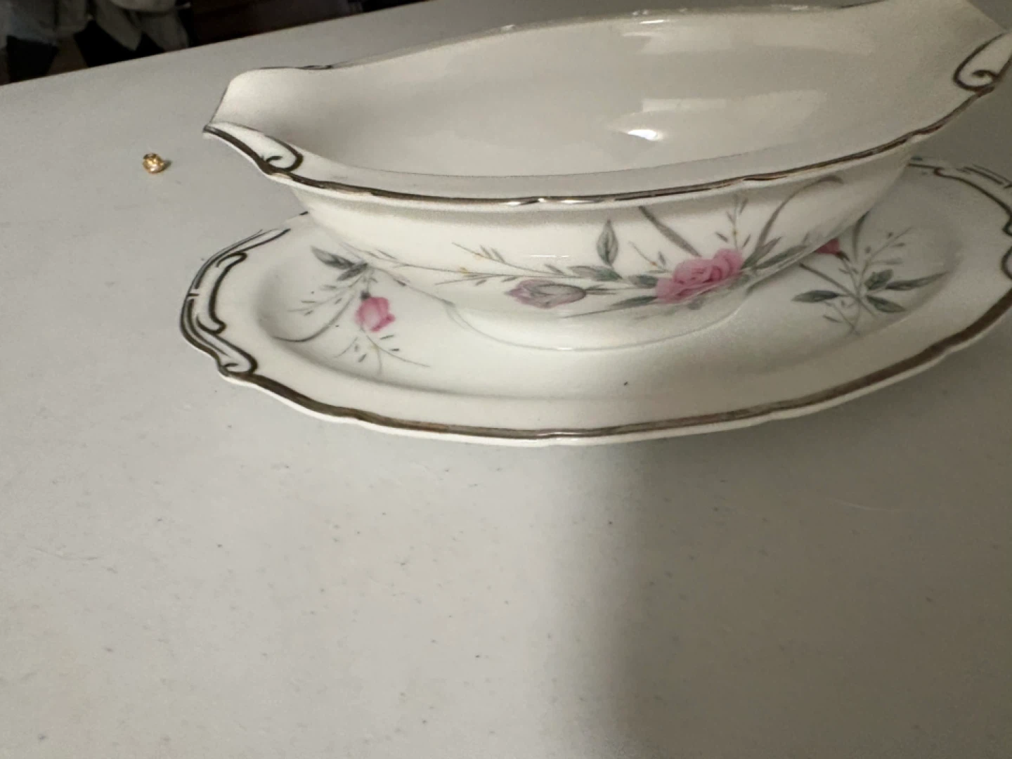Brooch & Spring Gravy Boat with Saucer - Pink Floral Design