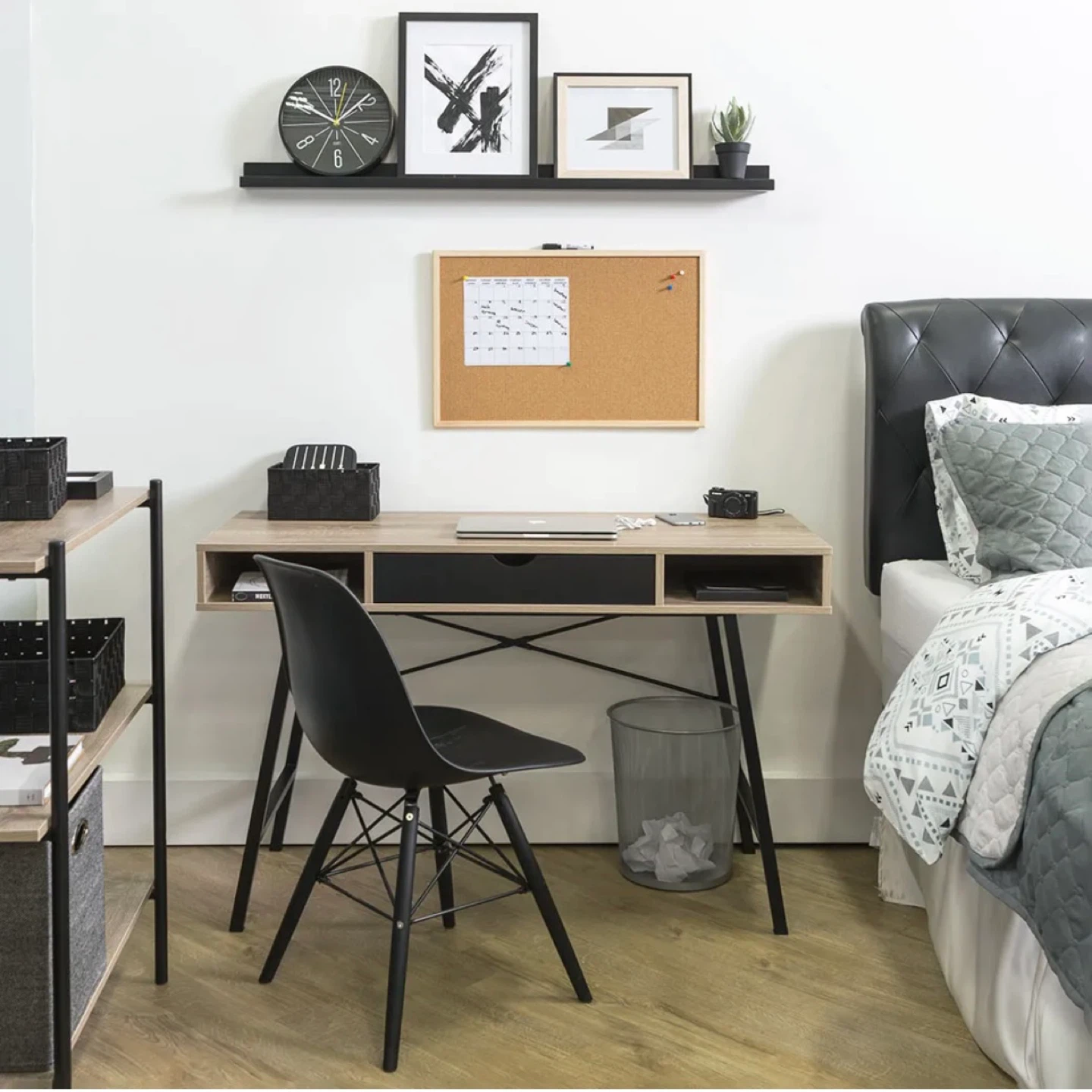 Modern Wood Grain Desk with Black Drawer and Metal Legs - photo 4