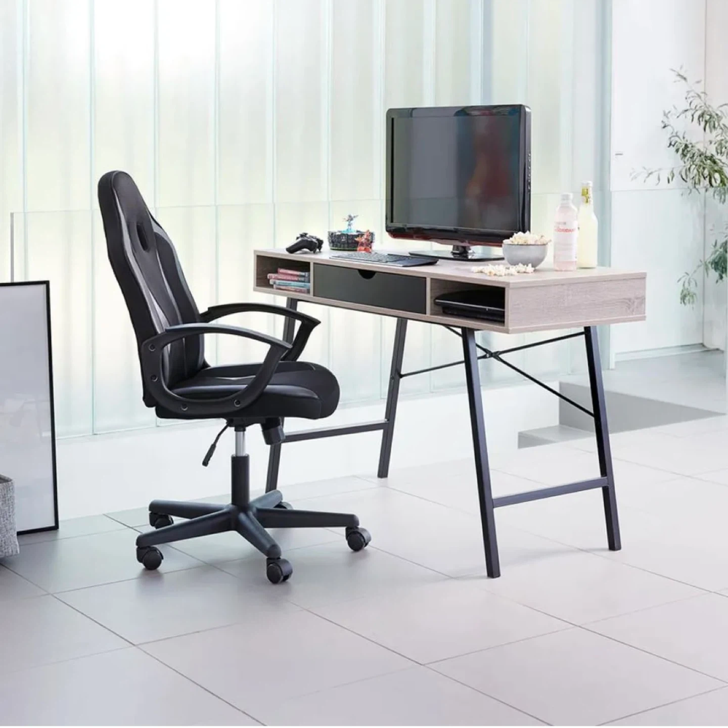 Modern Wood Grain Desk with Black Drawer and Metal Legs - photo 2