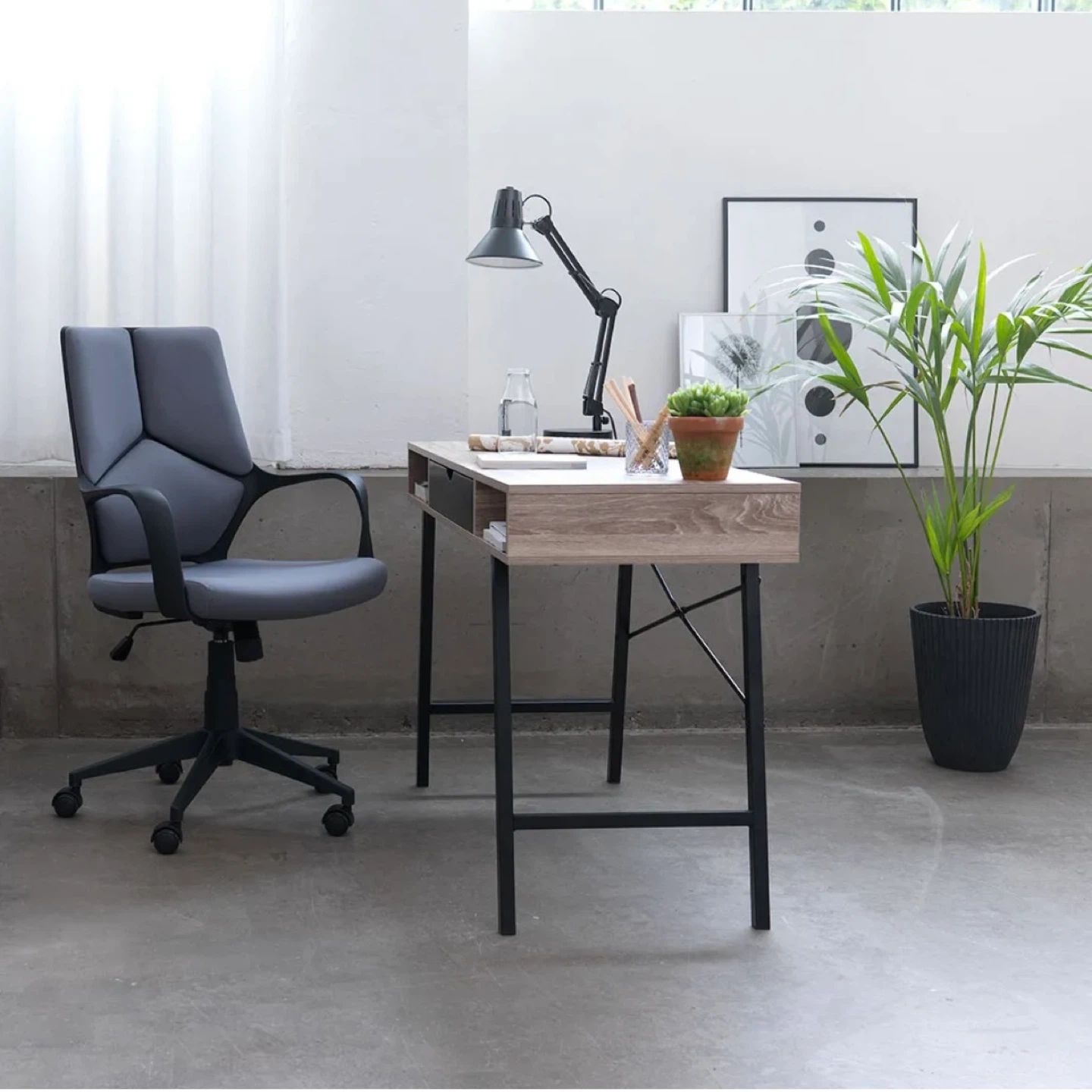 Modern Wood Grain Desk with Black Drawer and Metal Legs - photo 3