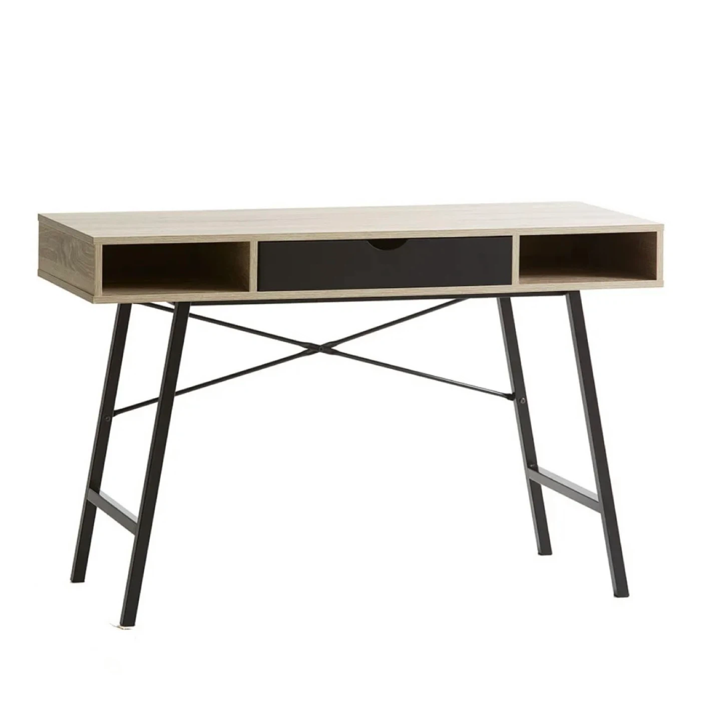 Modern Wood Grain Desk with Black Drawer and Metal Legs