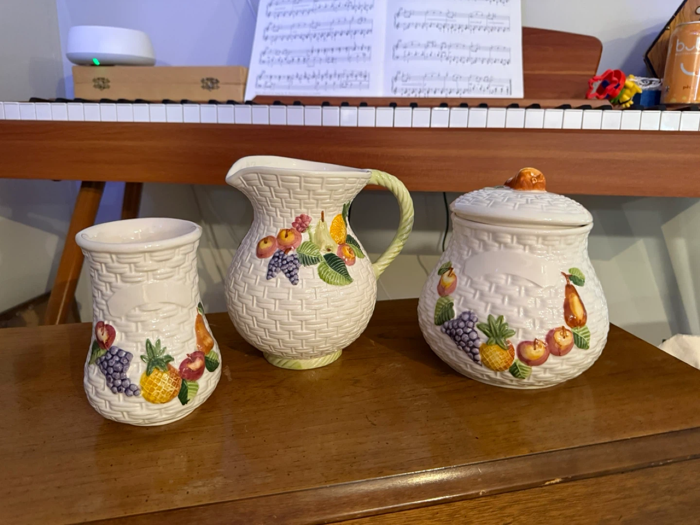 Vintage Ceramic Pitcher and Canister Set with Fruit Design