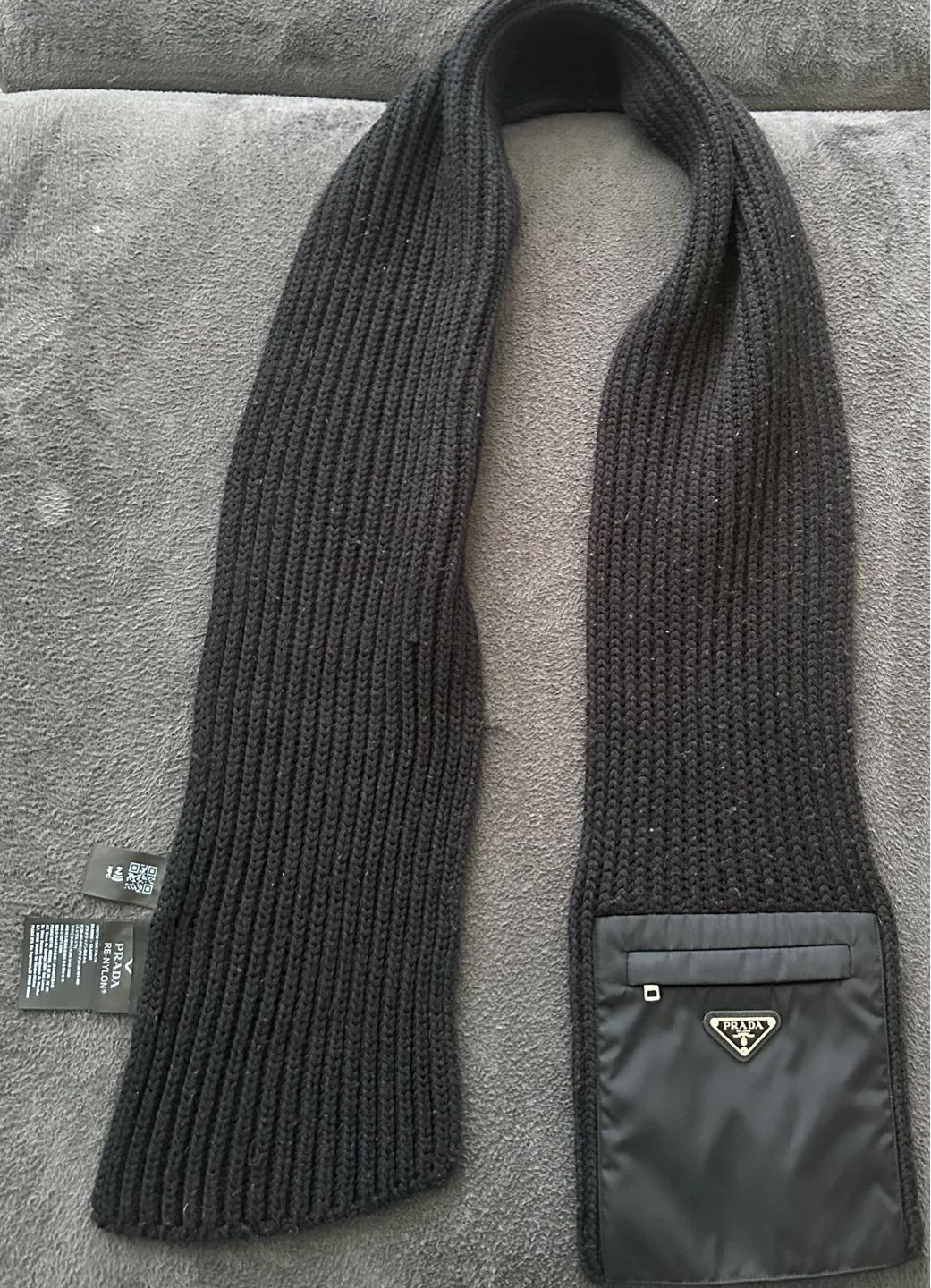 Prada Black Knit Scarf with Nylon Pocket