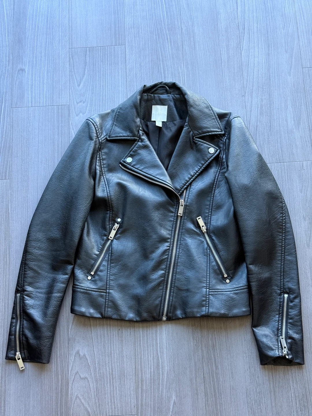 Black Faux Leather Moto Jacket - H&M Size 34 EUR / 6 UK