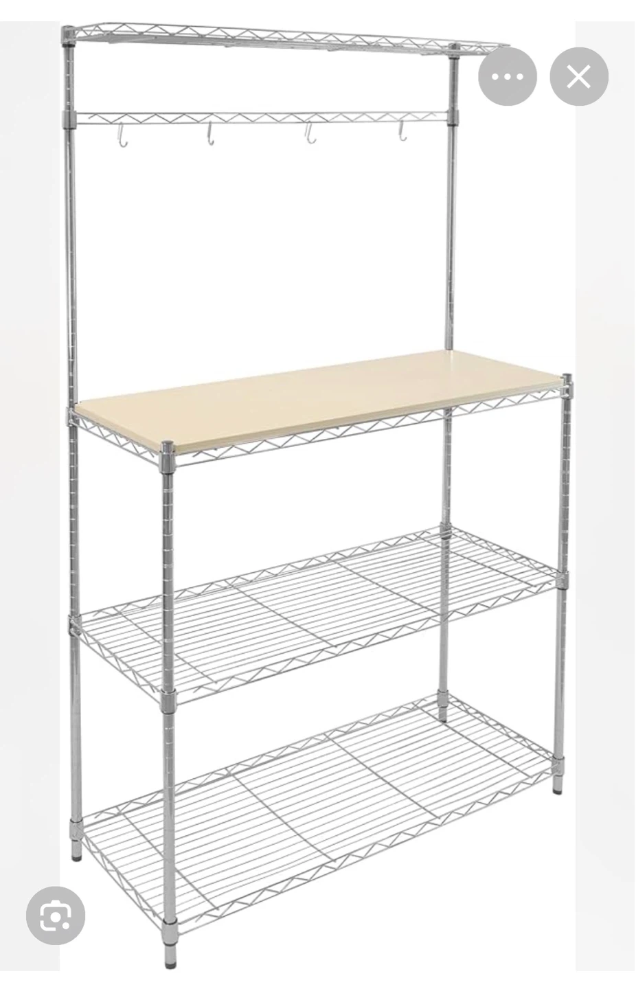 Chrome Wire Shelving Rack with Hooks and Wood Shelf