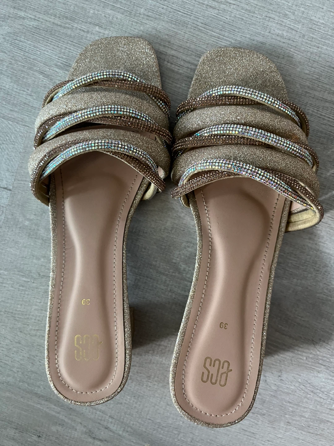 Gold Glitter Slides with Rhinestone Straps