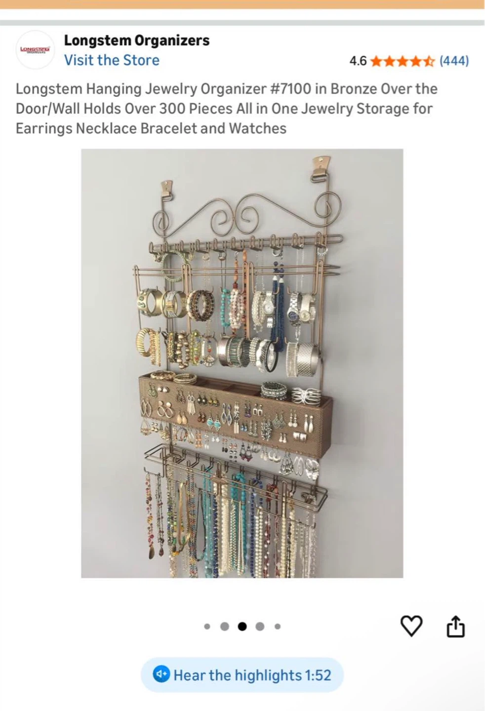 Brand New-Longstem Organizers Door/Wall Jewelry Organizer