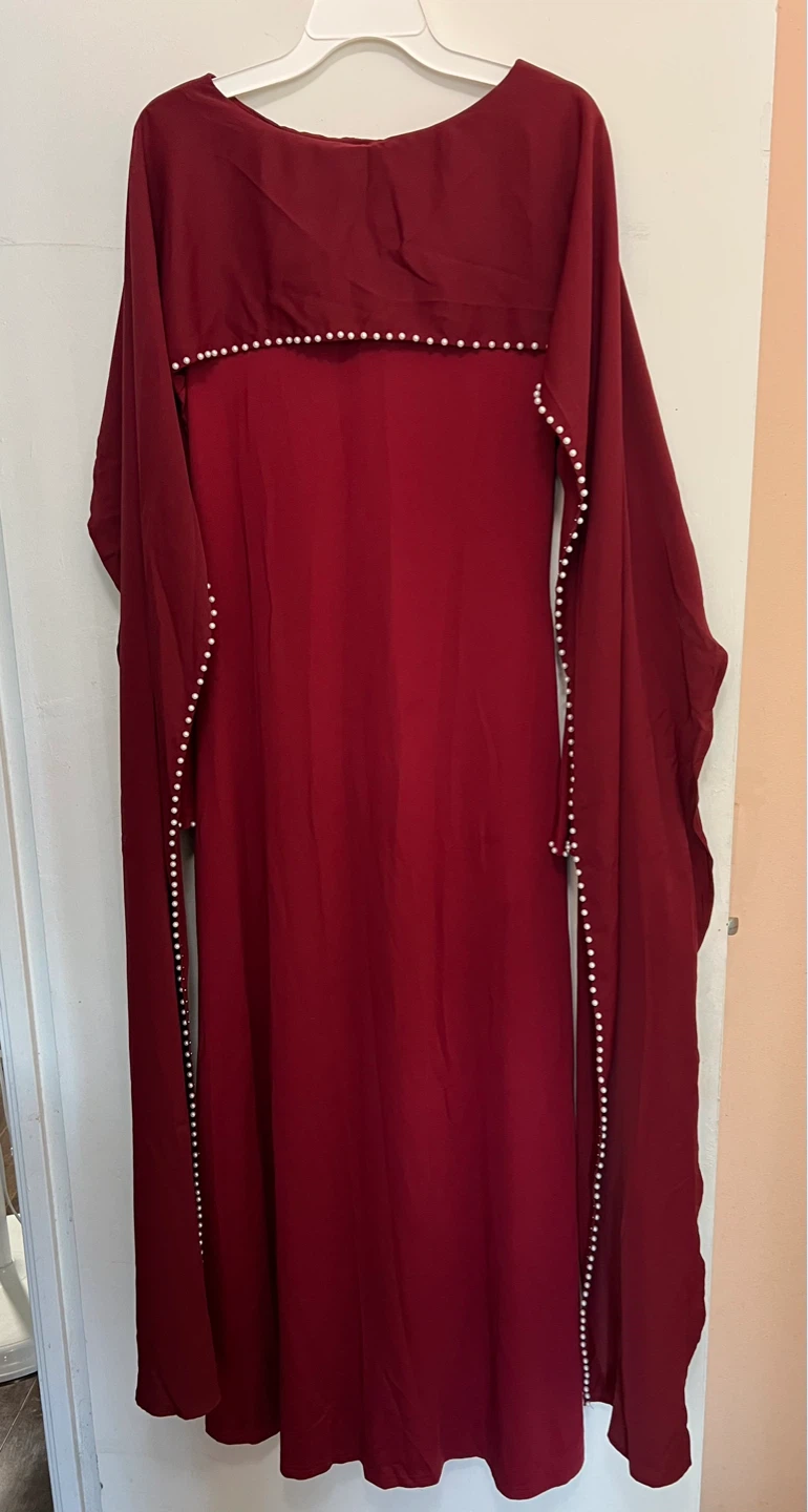 Maroon Kaftan Dress with Pearl Embellishment