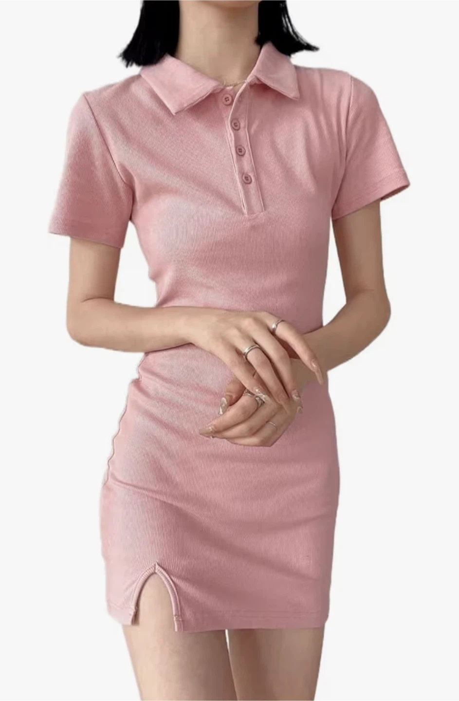 Pink Ribbed Polo Dress with Side Slit