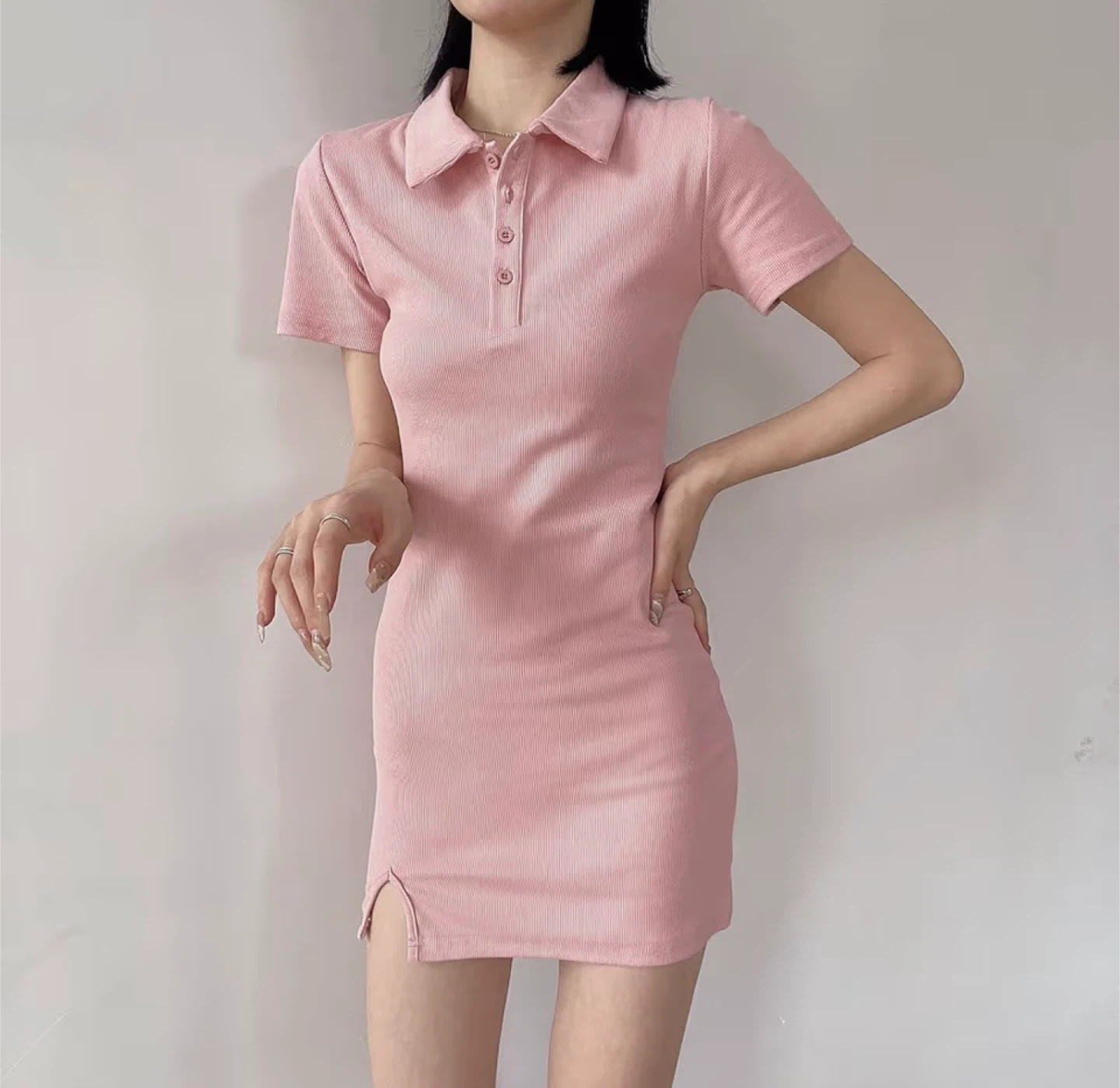 Pink Ribbed Polo Dress with Side Slit - photo 2