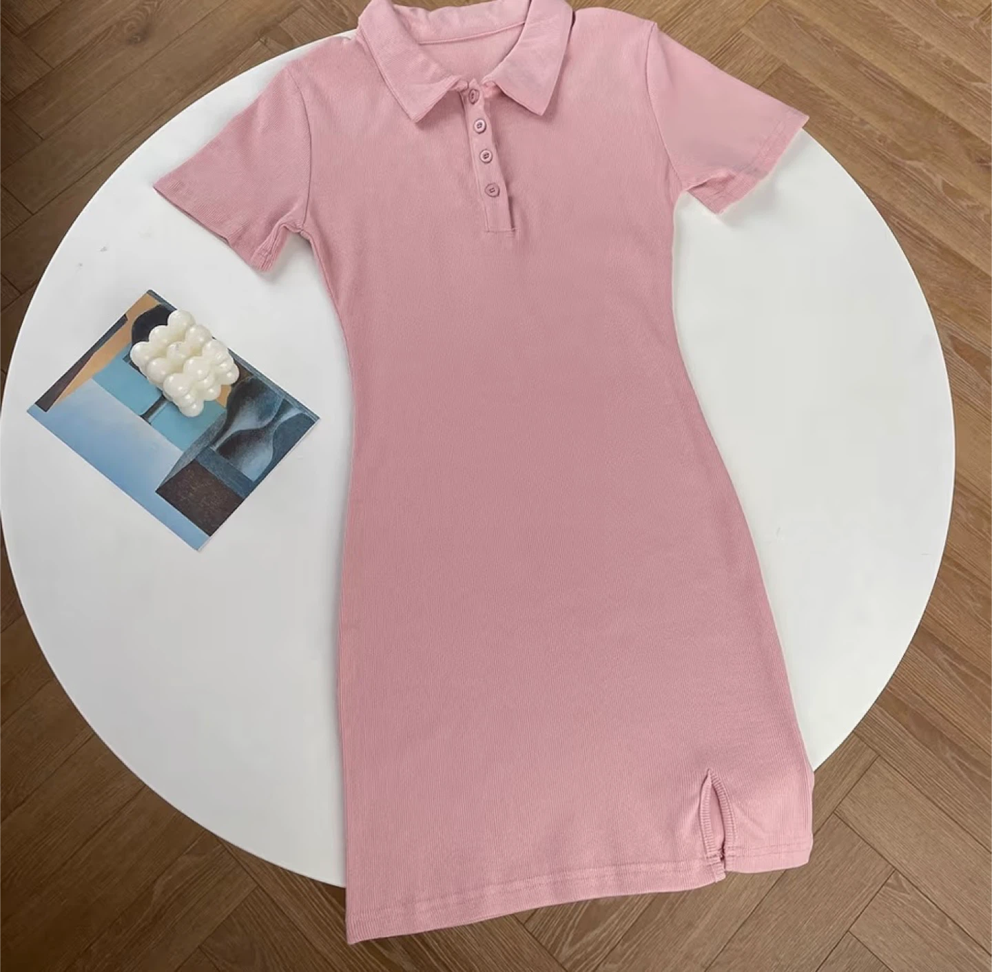 Pink Ribbed Polo Dress with Side Slit - photo 3