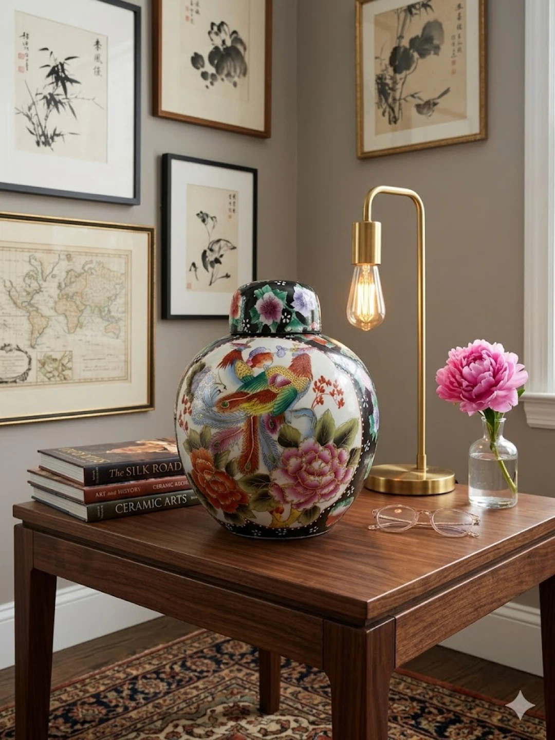Vintage Chinoiserie Ceramic Phoenix🐦‍🔥& Flower Ginger Jar