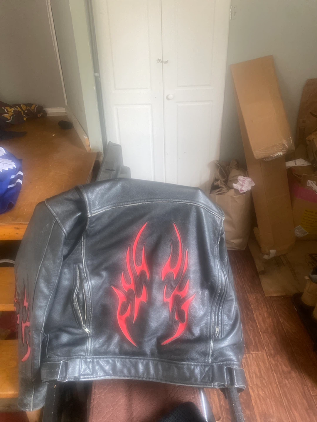Black Leather Motorcycle Jacket with Red Flames