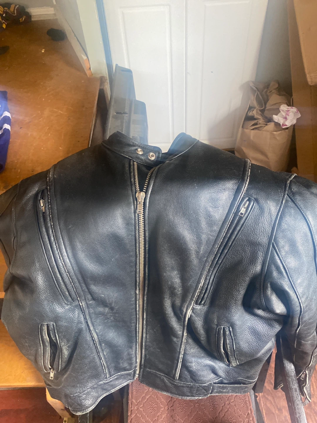 Black Leather Motorcycle Jacket with Red Flames - photo 2