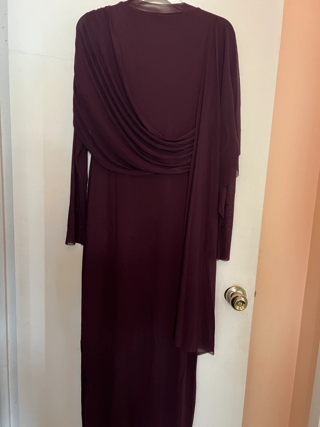 Burgundy Long Sleeve Dress with Shawl Overlay