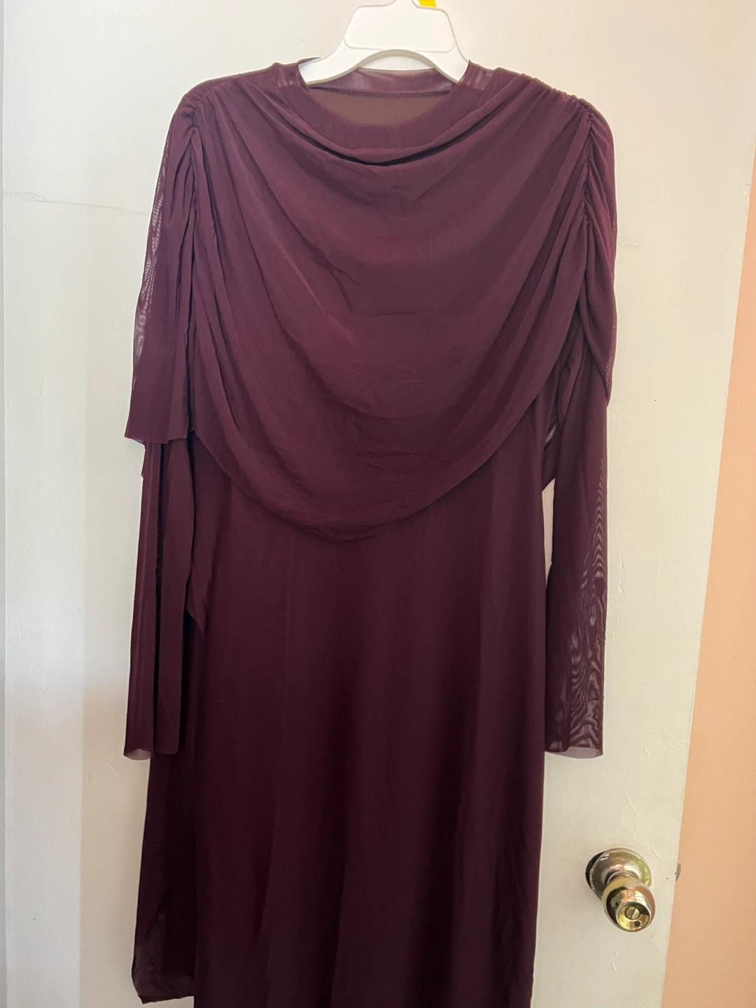 Burgundy Long Sleeve Dress with Shawl Overlay - photo 2