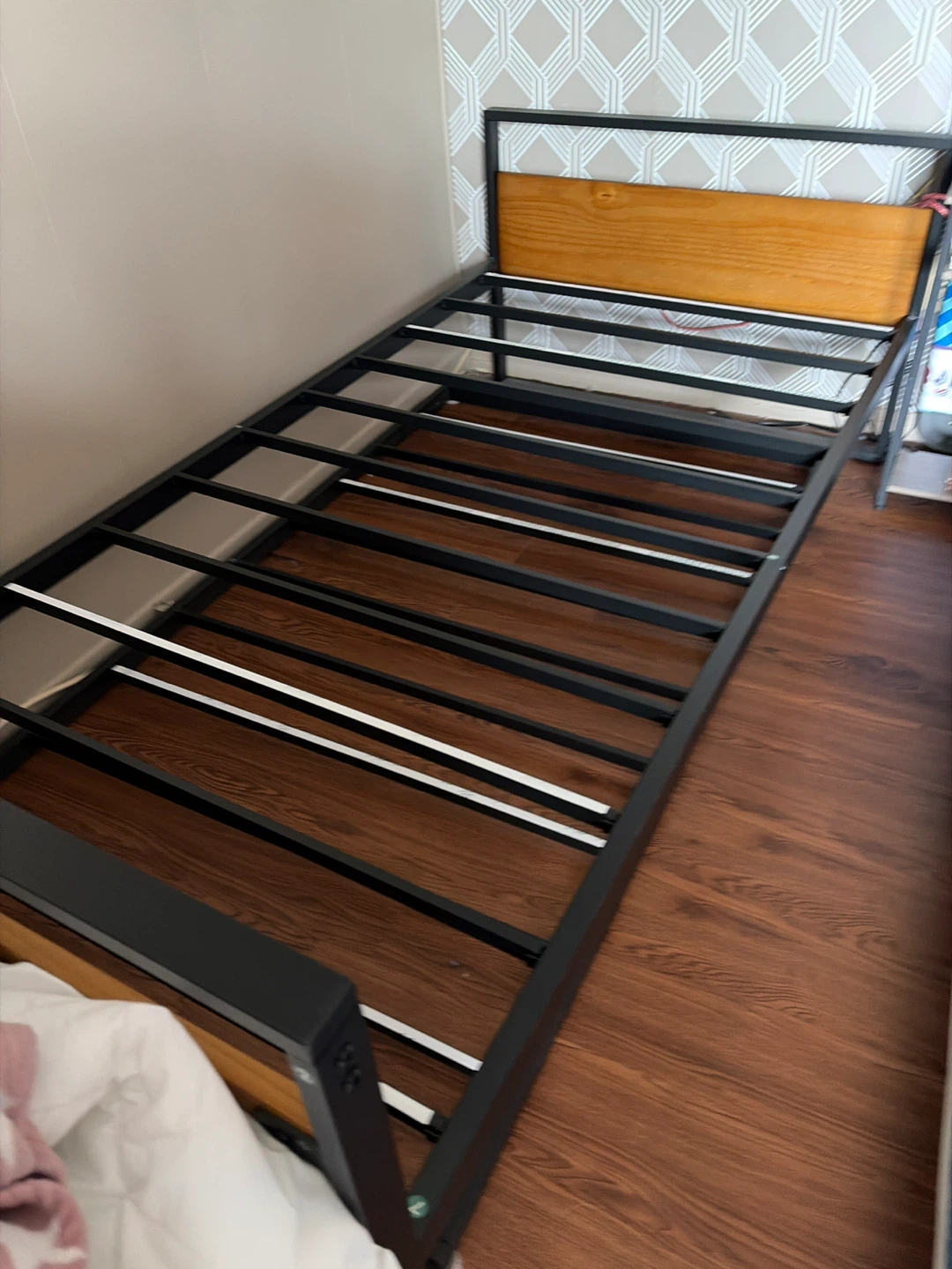 Black Metal Bed Frame with Wood Headboard