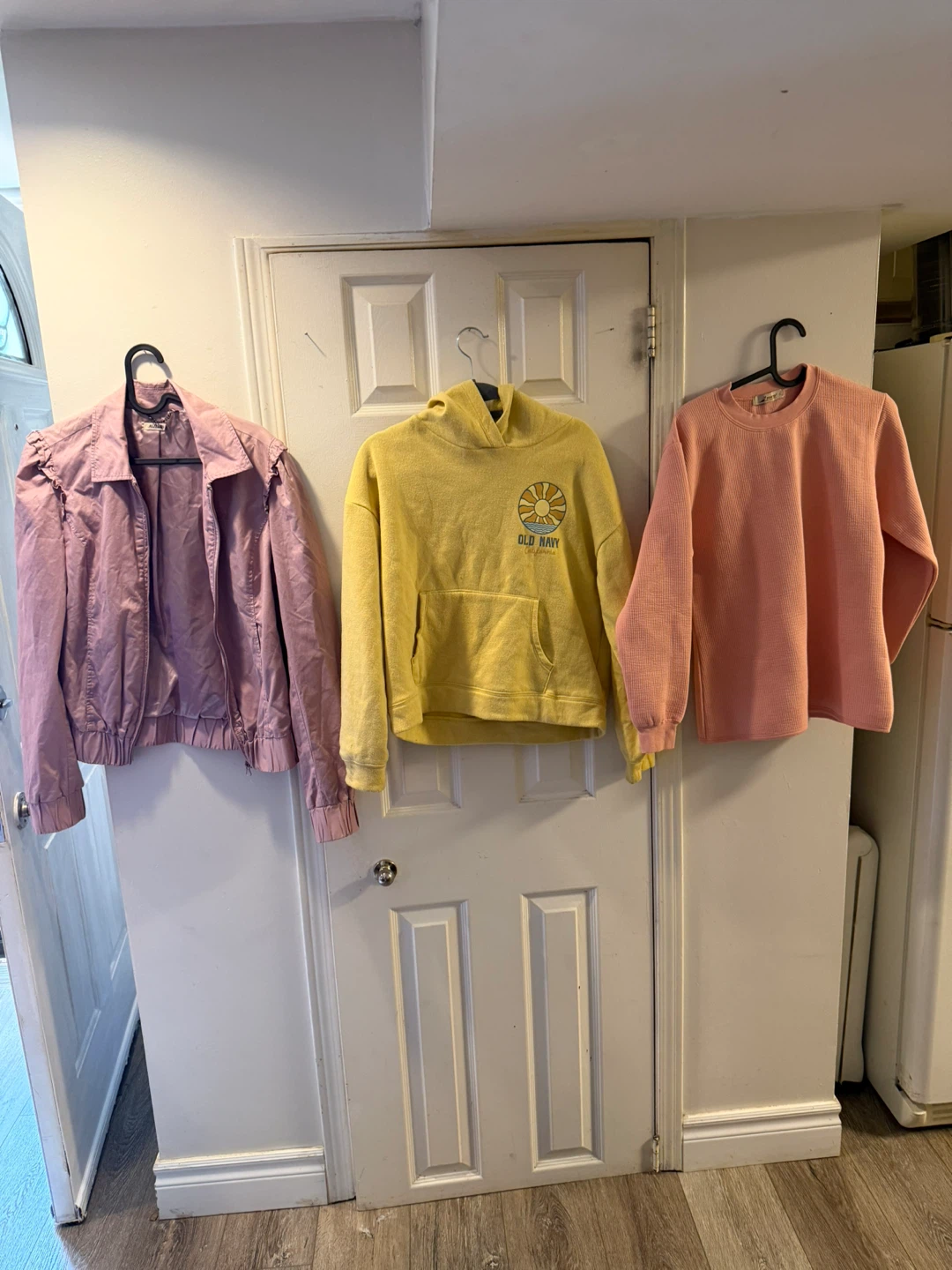 Pink Jacket, Pink Sweater, Yellow Old Navy Hoodie
