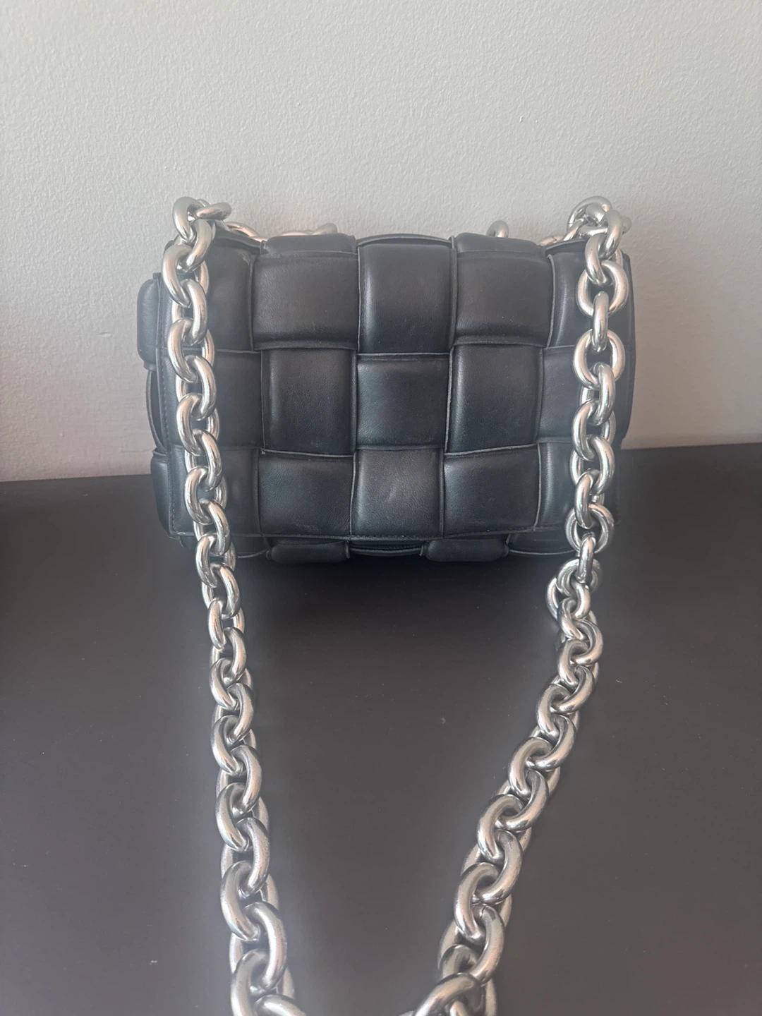 Black Padded Woven Leather Crossbody Bag Chunky Silver Chain