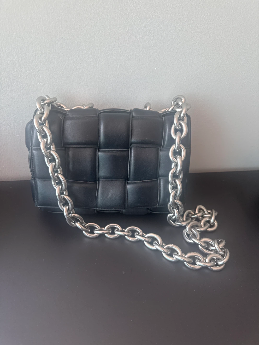 Black Padded Woven Leather Crossbody Bag Chunky Silver Chain - photo 2