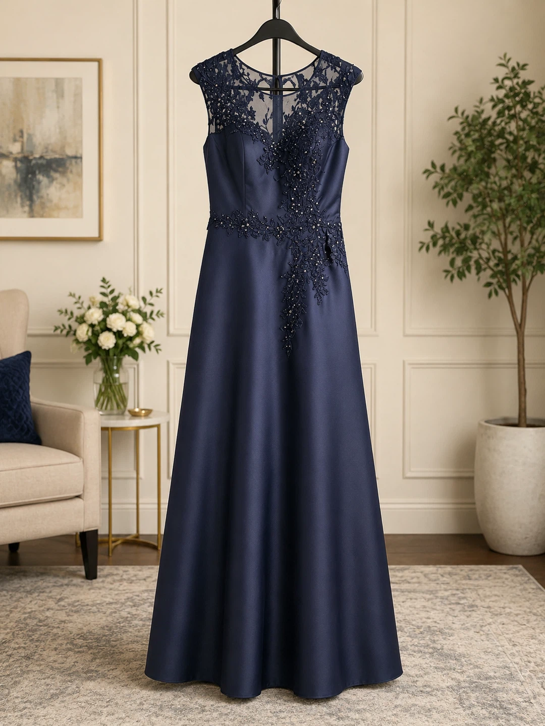 Navy Lace Bodice Cap Sleeve Gown