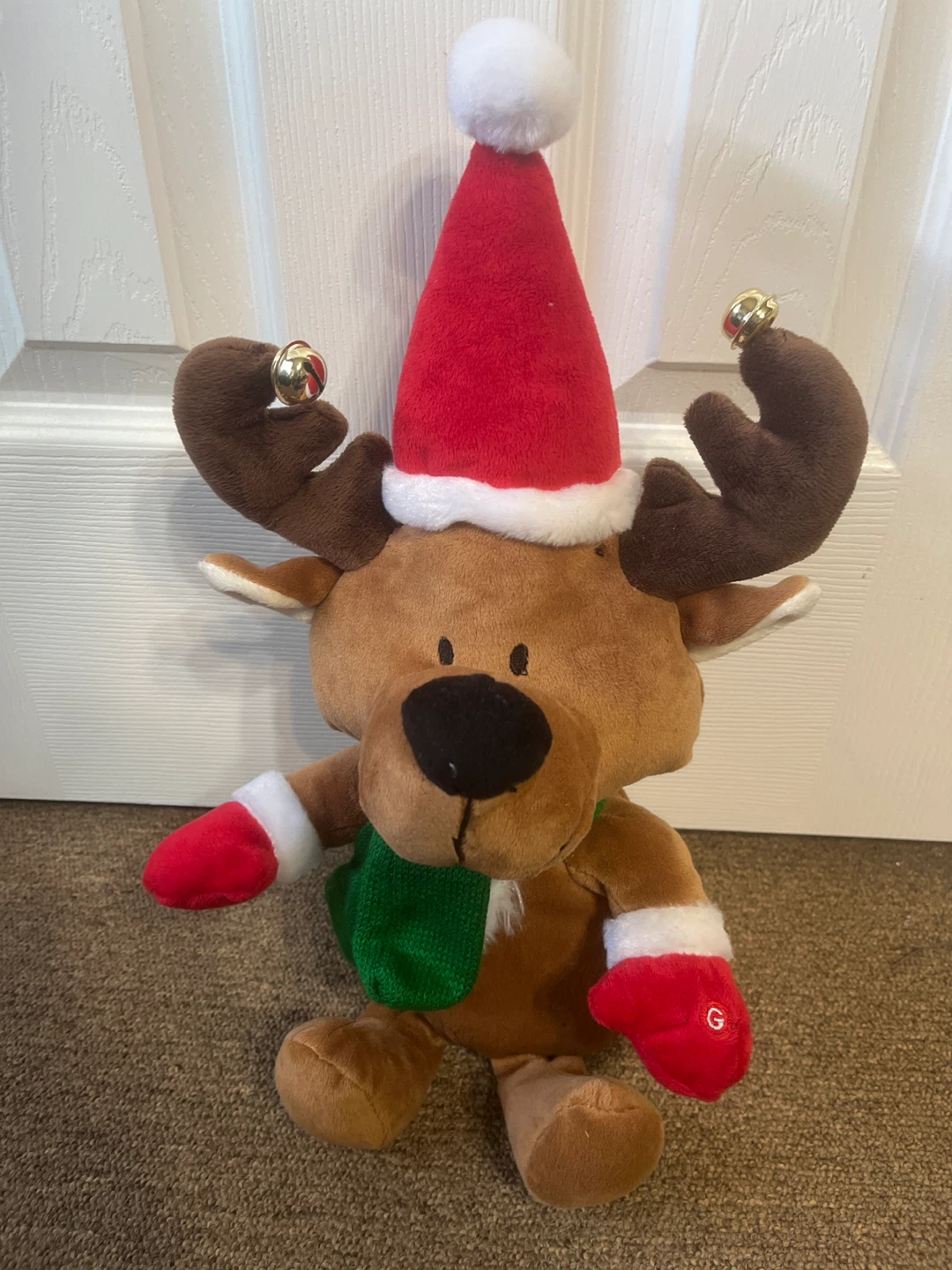 Plush Reindeer Christmas Decoration with Santa Hat and Bells