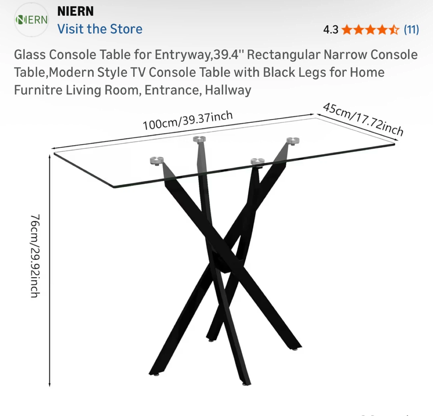NIERN Narrow Tempered Glass Console Table - 39.4" Rectangular - photo 2