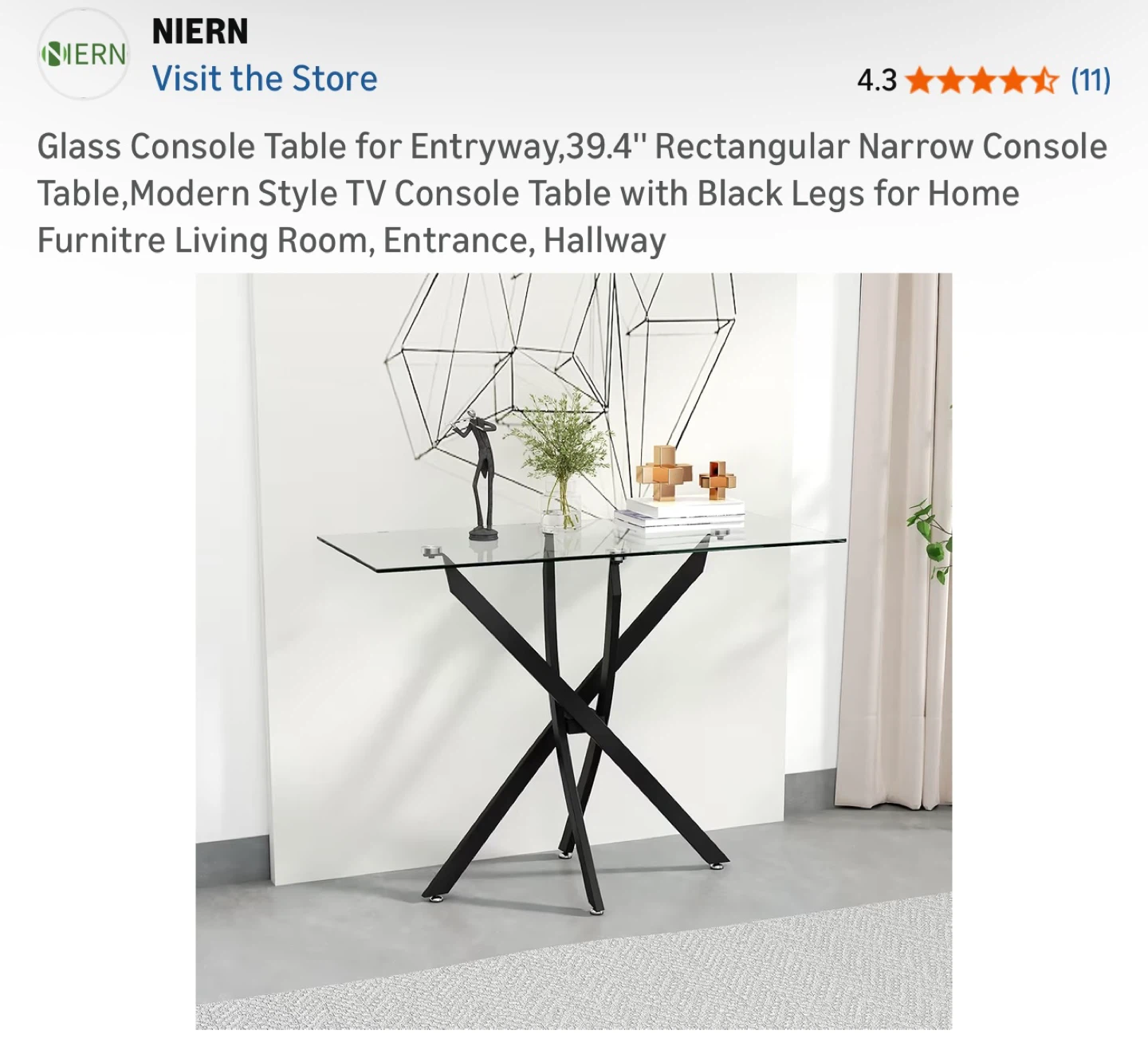 NIERN Narrow Tempered Glass Console Table - 39.4" Rectangular