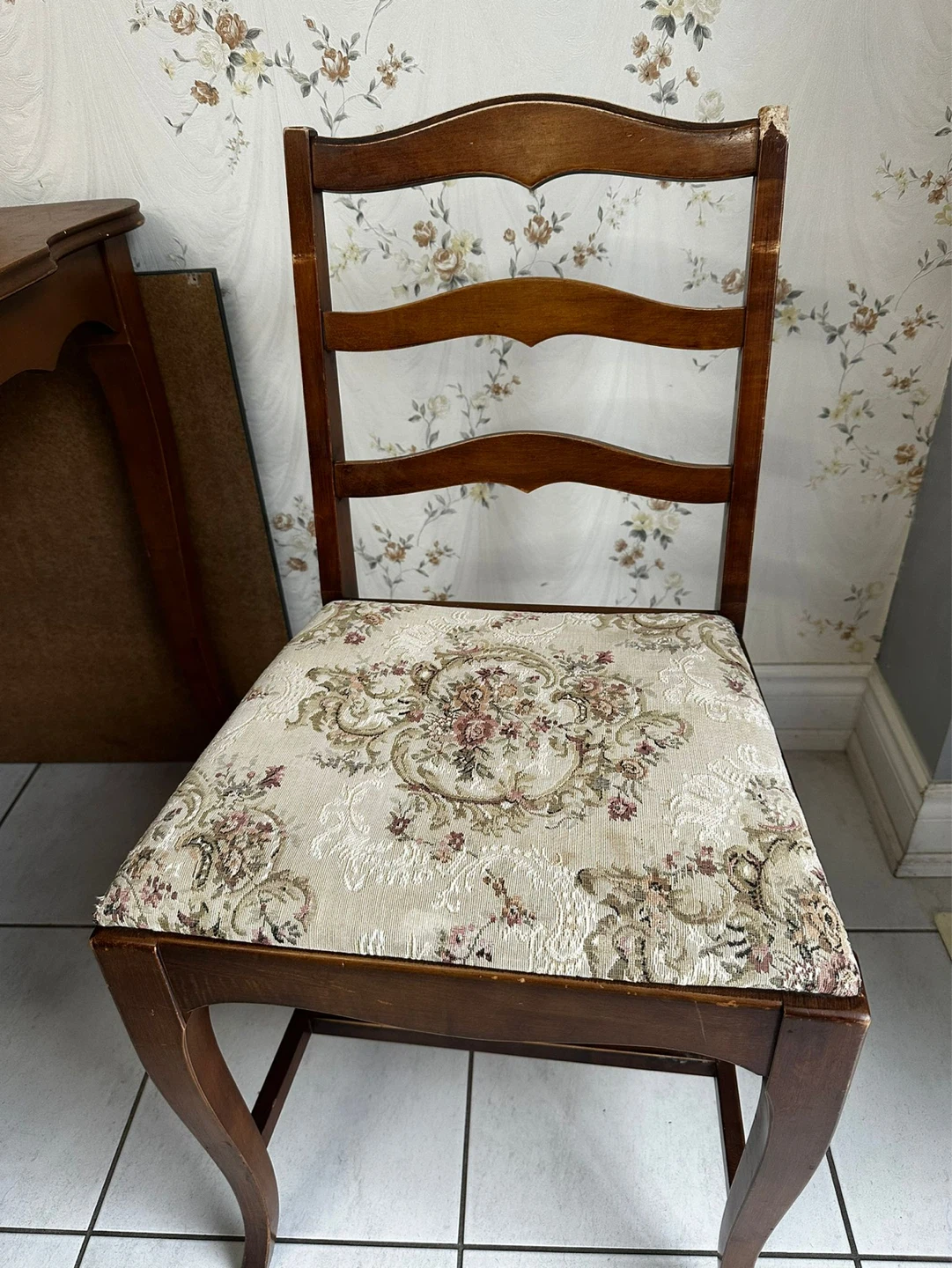 Vintage Wood Dining Chair with Floral Upholstery - photo 3