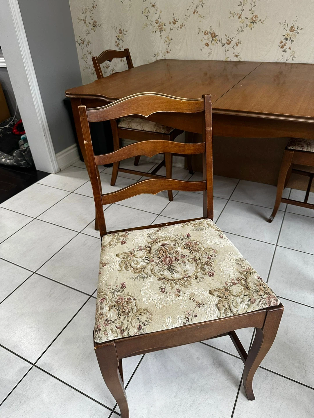 Vintage Wood Dining Chair with Floral Upholstery