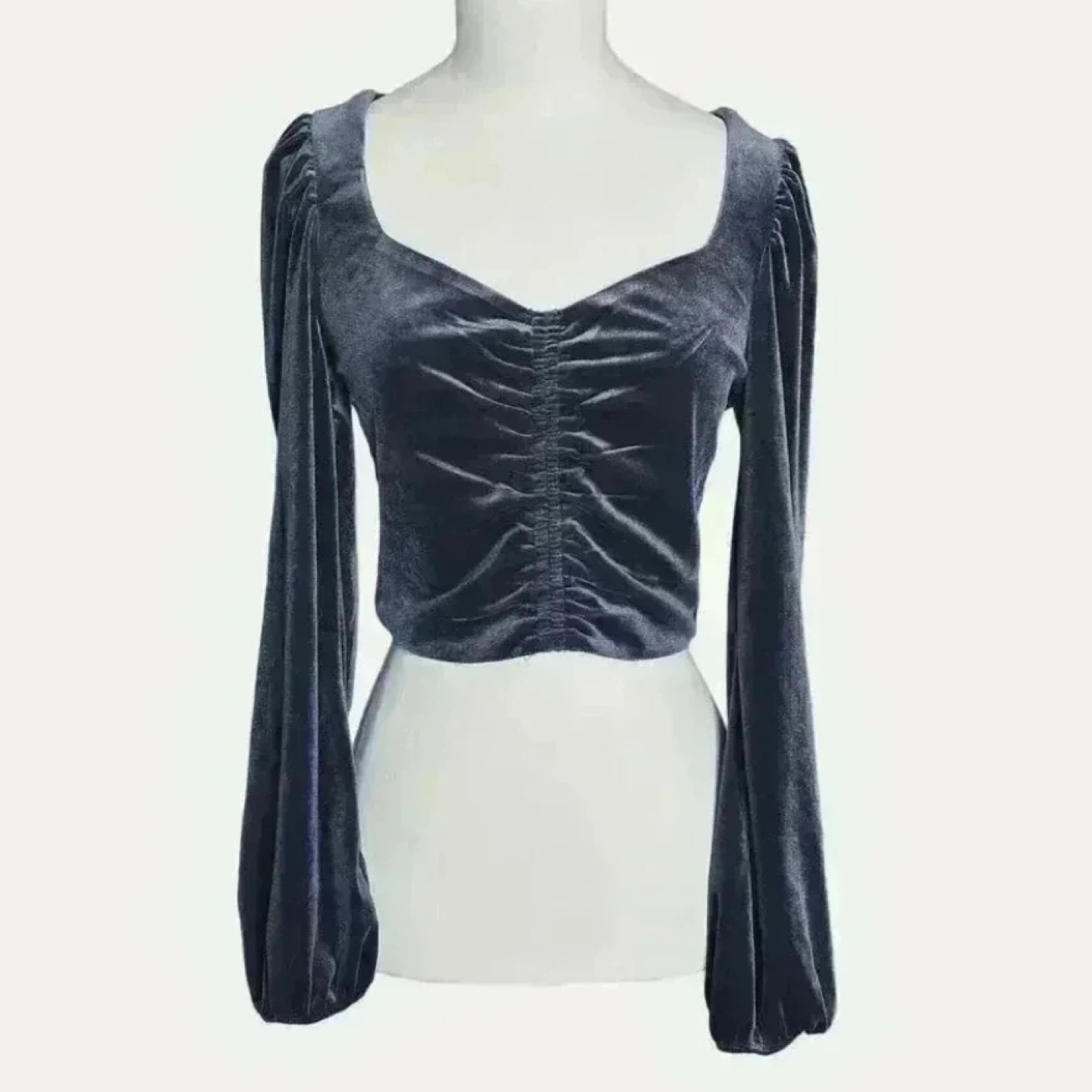 Deep Blue Velvet Crop Top with Puffed Sleeves
