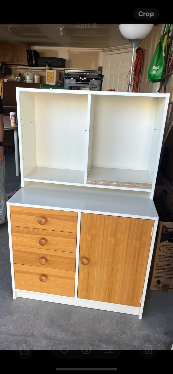 White and Wood Storage Cabinet with Drawers and Door