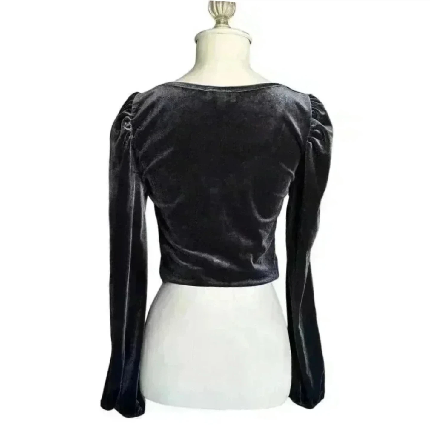 Deep Blue Velvet Crop Top with Puffed Sleeves - photo 2