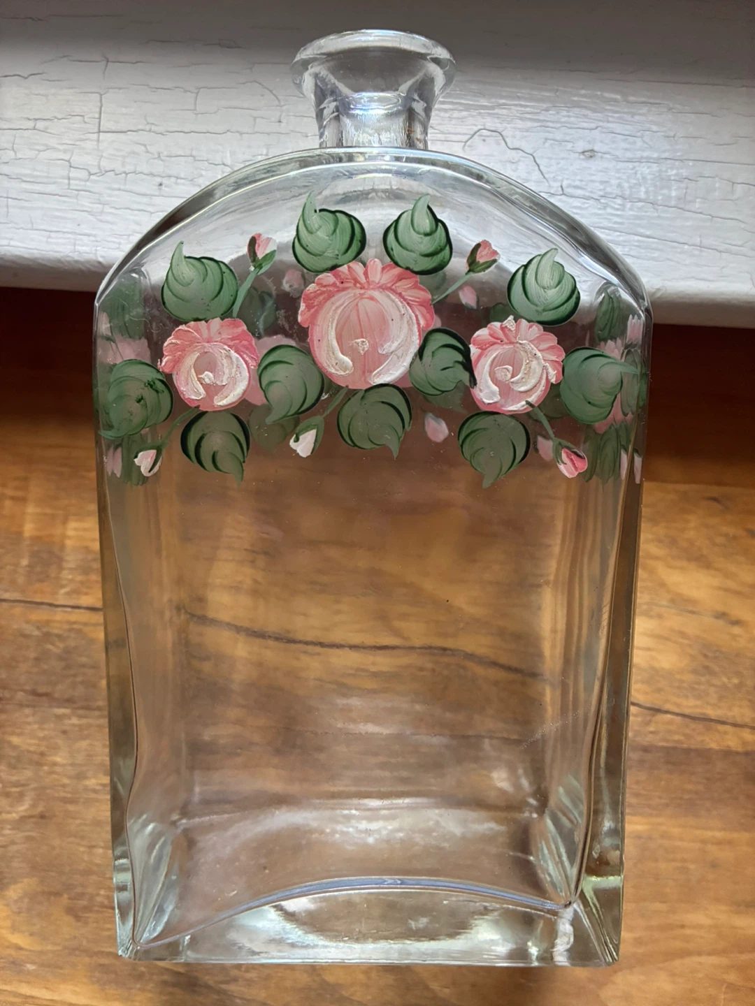 Vintage Glass Decanter Bottle  Hand Painted Flowers roses vase