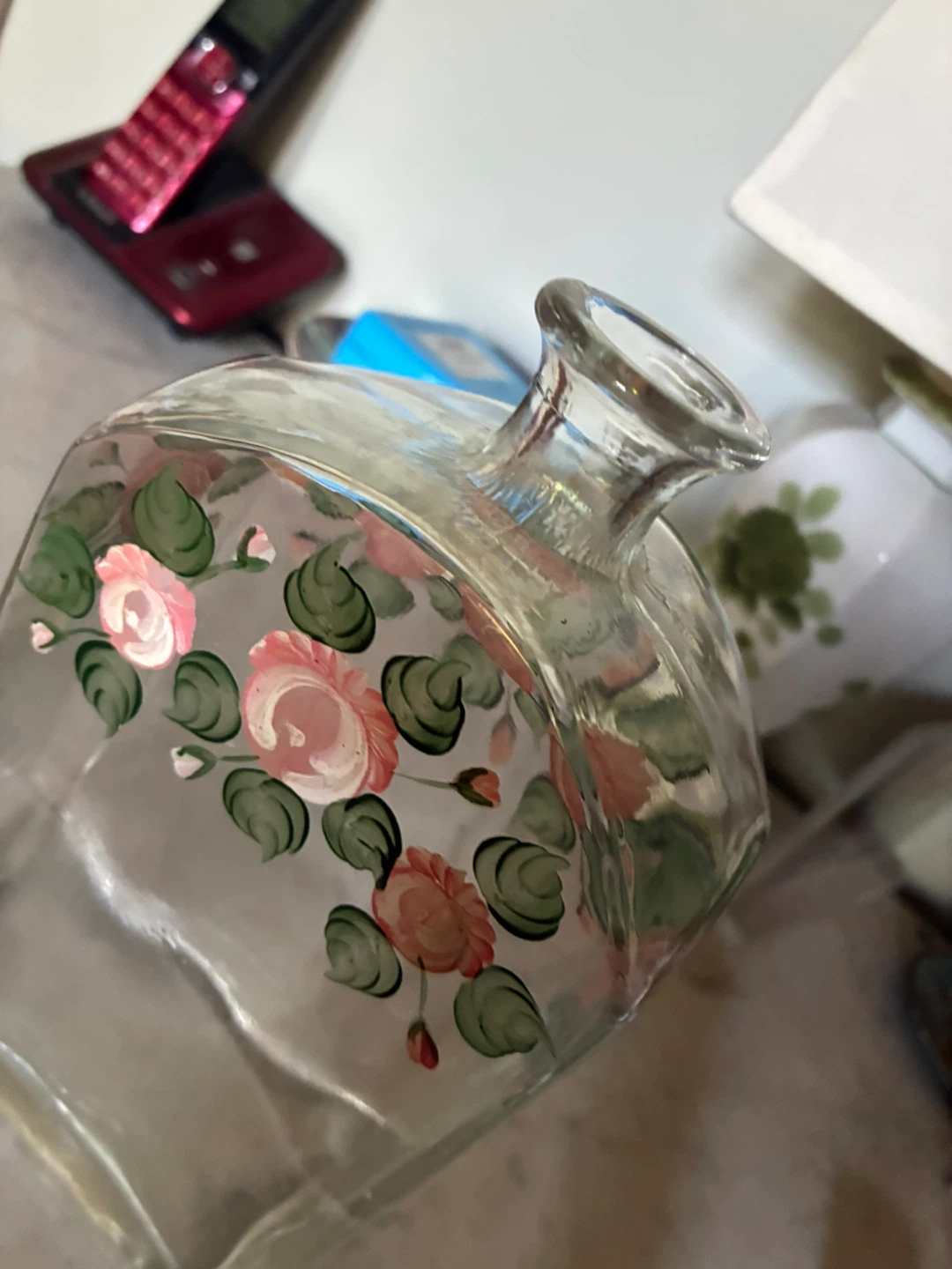 Vintage Glass Decanter Bottle  Hand Painted Flowers roses vase - photo 4