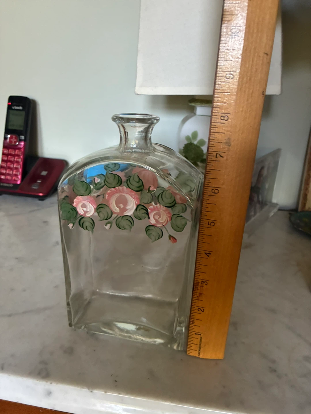 Vintage Glass Decanter Bottle  Hand Painted Flowers roses vase - photo 3