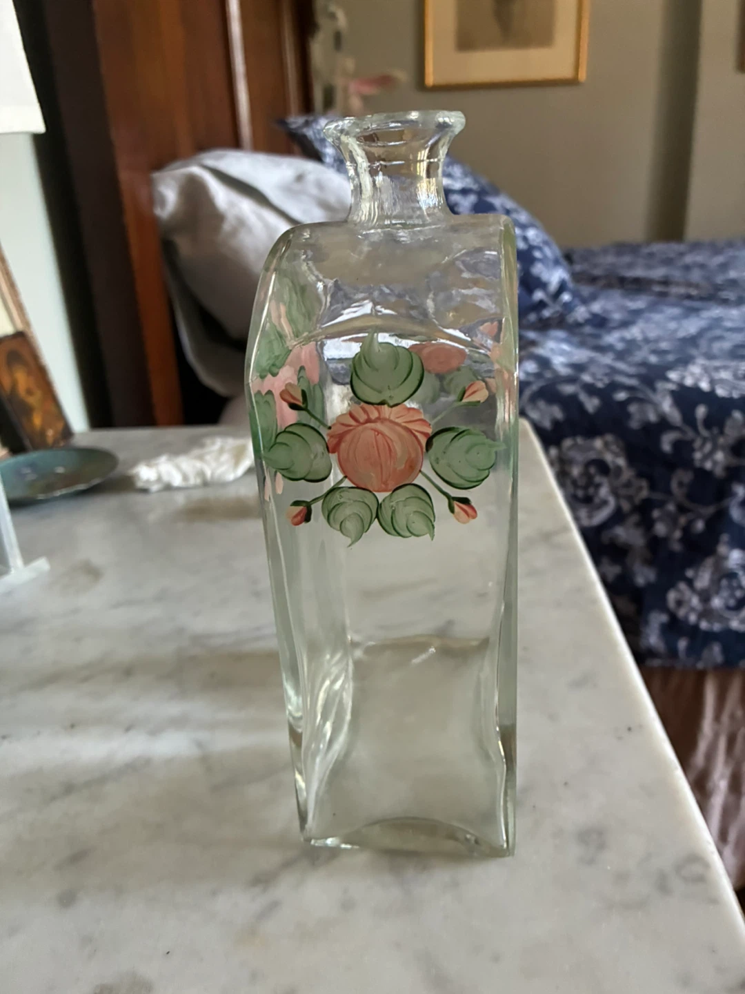 Vintage Glass Decanter Bottle  Hand Painted Flowers roses vase - photo 2