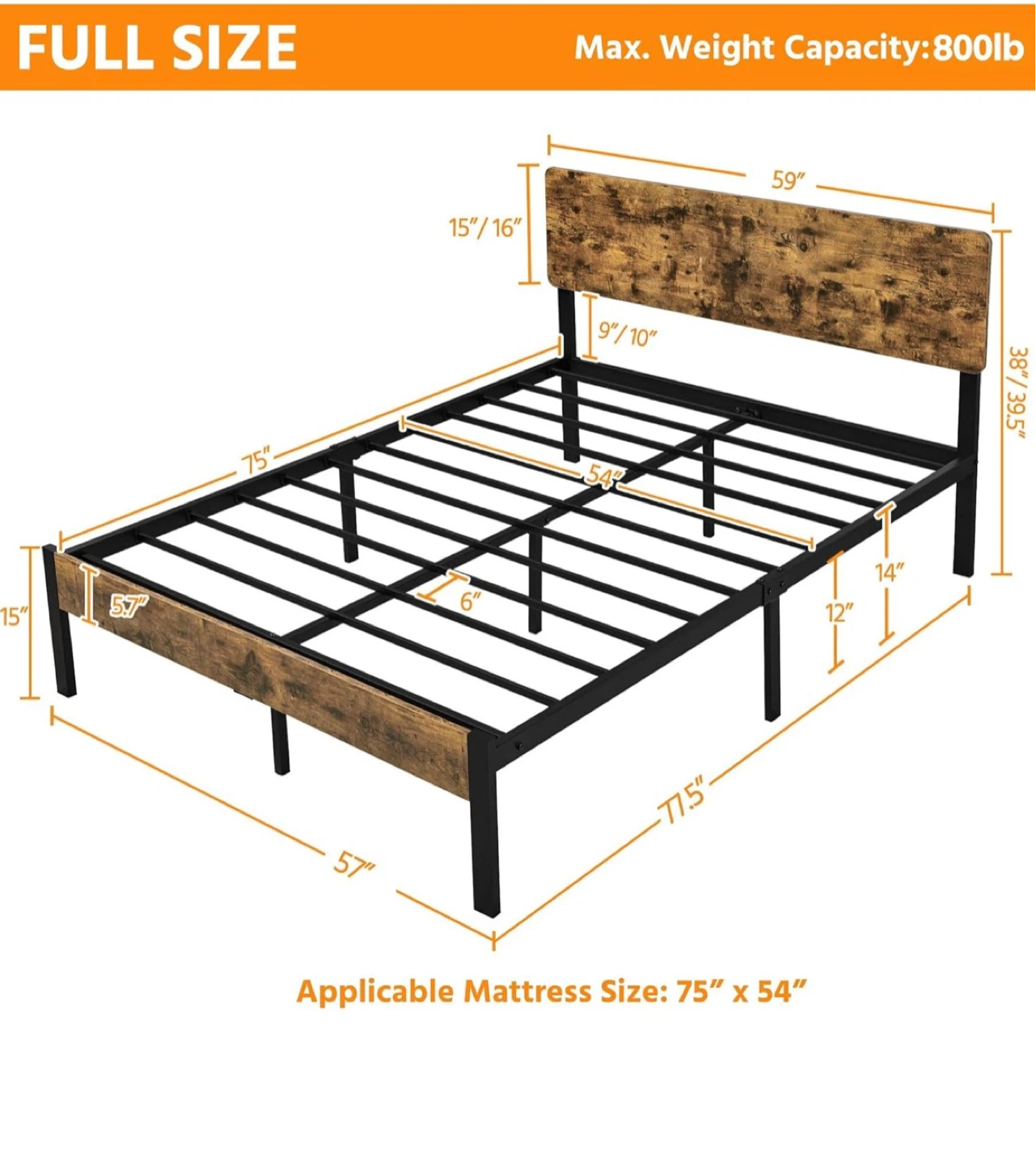Full Size Bed Frame with Headboard - Rustic Wood Look