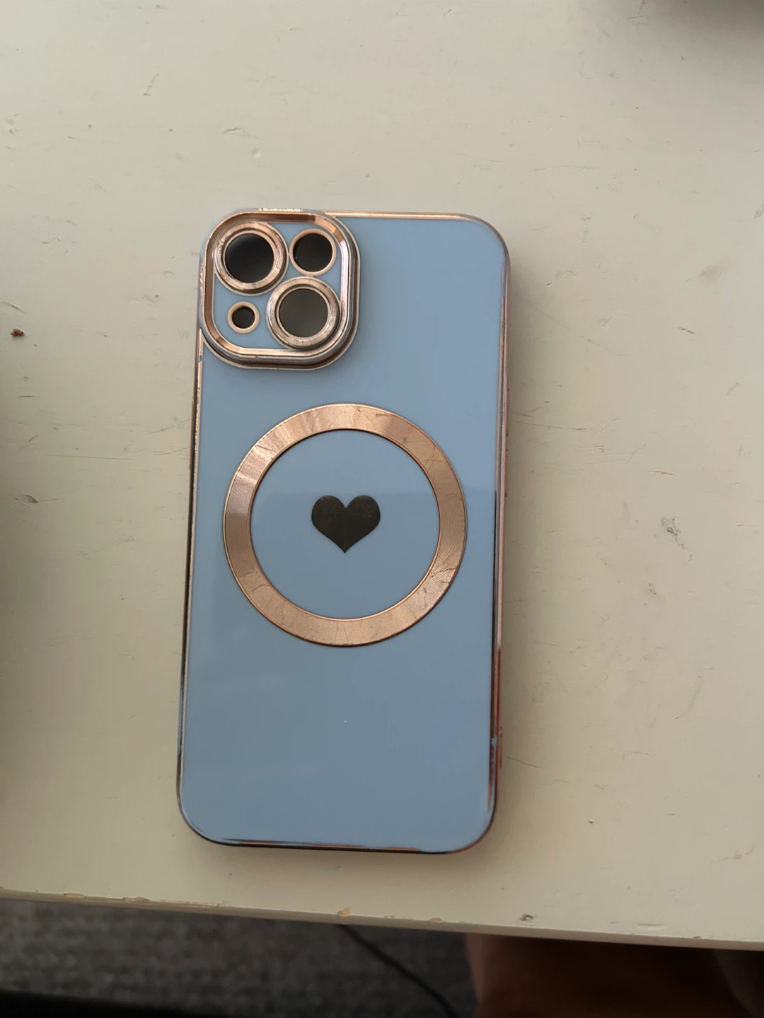 Light Blue iPhone Case with Rose Gold Trim and Heart Design