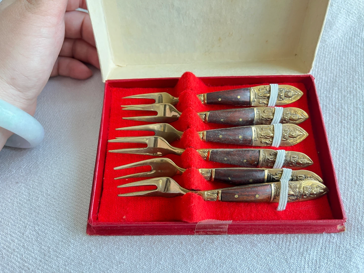 Set of 6 Fruit Forks with Wooden Handles (Brass metal)