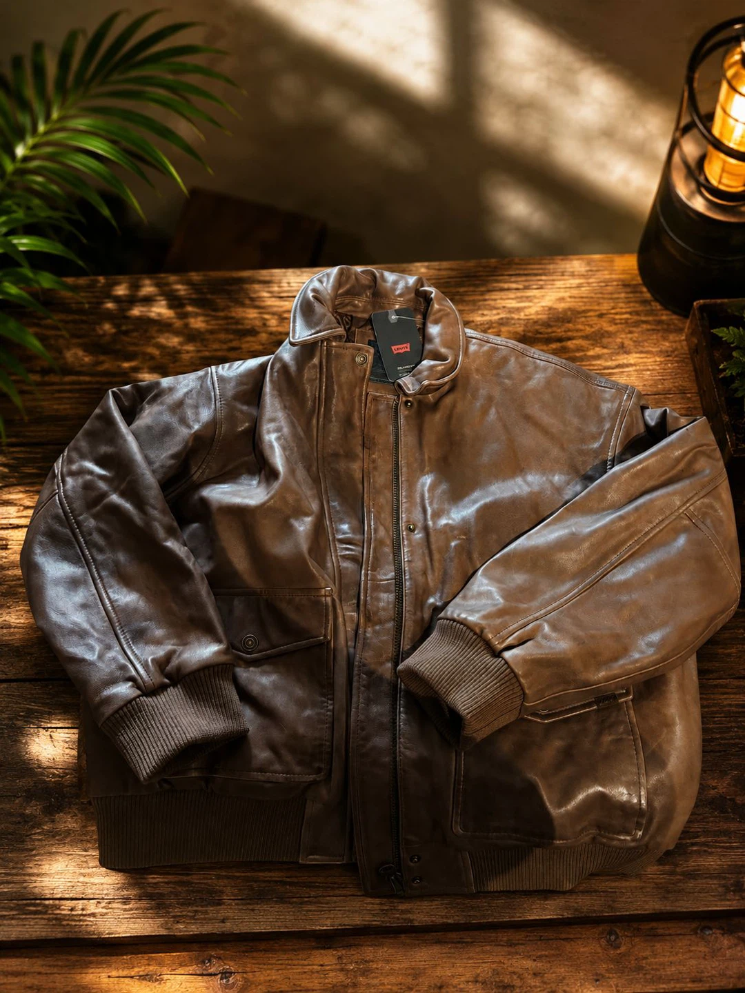 Levi's Brown Leather Bomber Jacket - Size XL