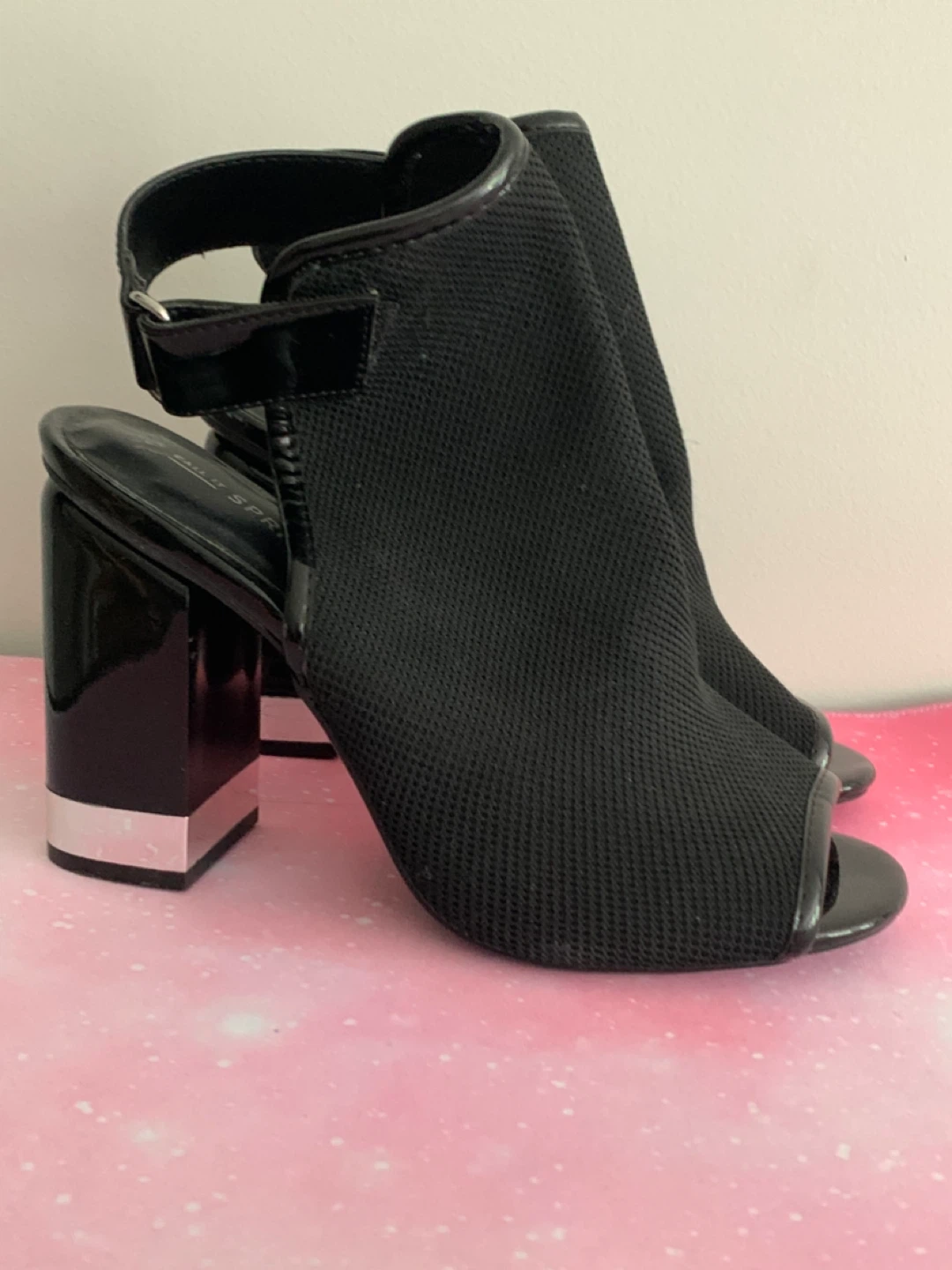 Black Peep-Toe Mesh Block Heels - photo 2