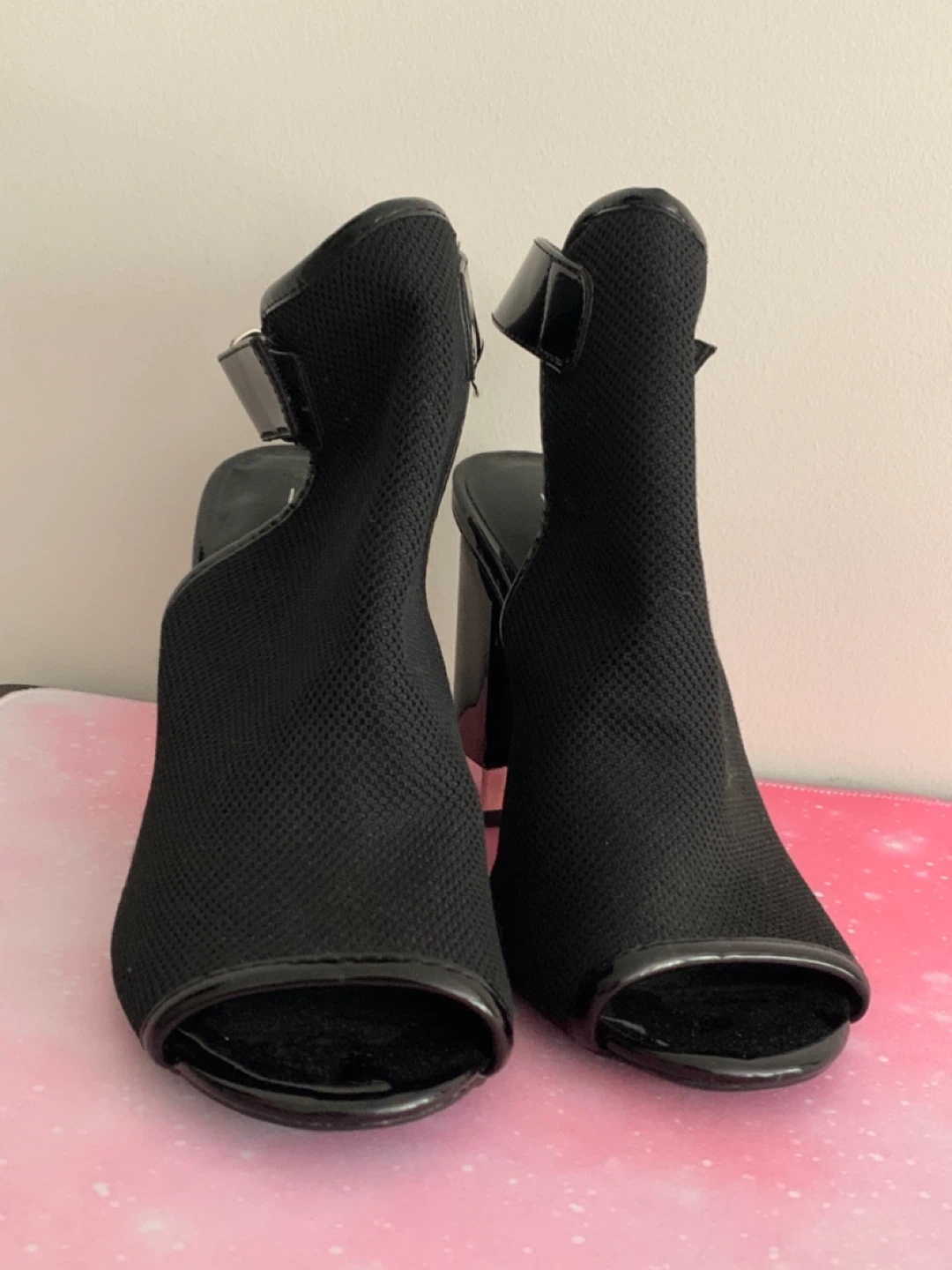 Black Peep-Toe Mesh Block Heels